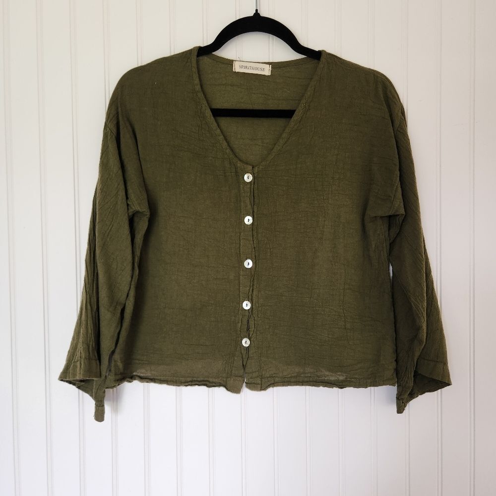 SPIRITHOUSE Green V Neck Bell Sleeve Boho Button Up Blouse Medium